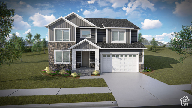 Craftsman house featuring a garage and a front yard