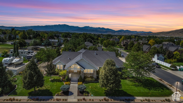 Aerial view at dusk with a mountain view