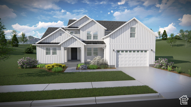 View of front facade featuring a garage, covered porch, and a front lawn