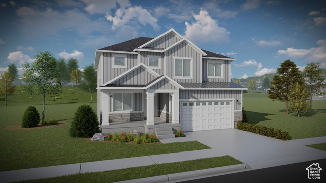 Craftsman inspired home featuring a porch, a front yard, and a garage