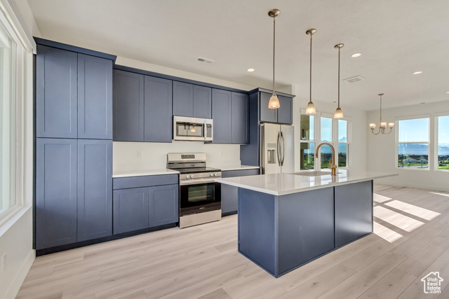 Kitchen featuring decorative light fixtures, a center island with sink, light hardwood / wood-style floors, stainless steel appliances, and sink