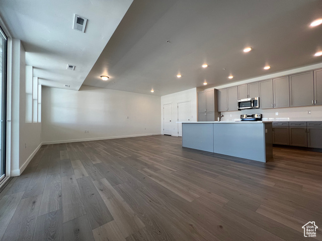 Kitchen featuring a wealth of natural light, dark wood-type flooring, an island with sink, gray cabinetry, and appliances with stainless steel finishes