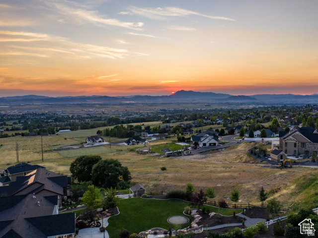 Aerial view at dusk with a mountain view