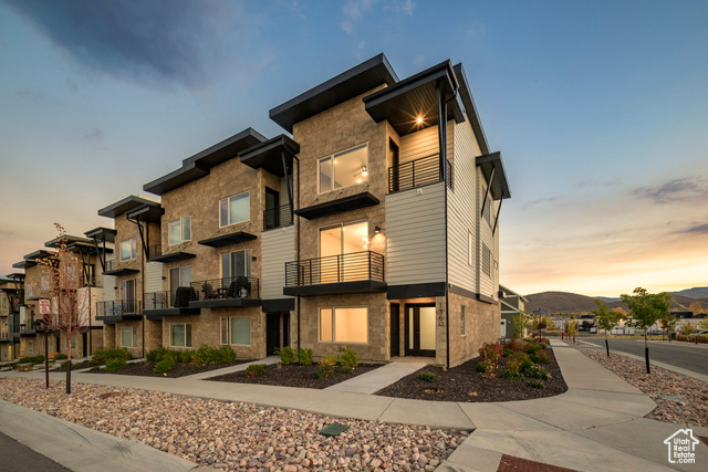 View of outdoor building at dusk