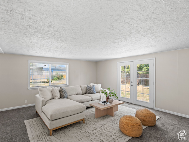 Carpeted living room featuring french doors and a textured ceiling