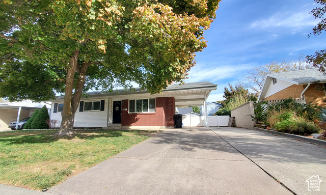 Ranch-style house featuring a front lawn and a carport