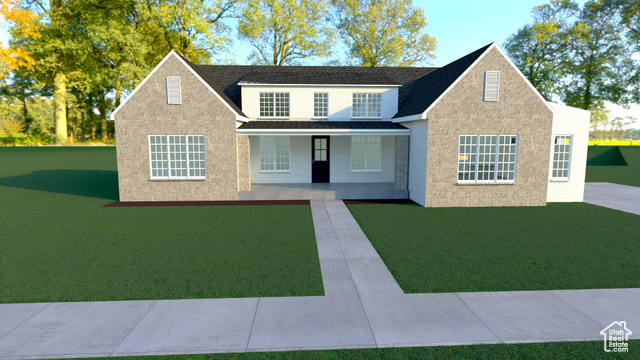 Stone, Brick, cream windows and stucco, dark brown roof