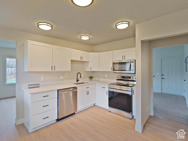 Kitchen featuring light hardwood / wood-style floors, white cabinetry, sink, and appliances with stainless steel finishes