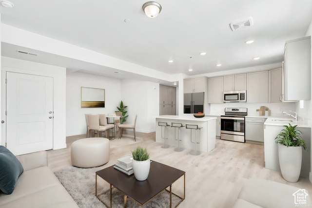 Living room with light hardwood / wood-style flooring and sink