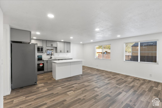 Kitchen with dark hardwood / wood-style flooring, sink, gray cabinetry, a kitchen island, and appliances with stainless steel finishes