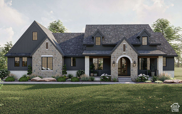 View of front of house with a porch and a front yard