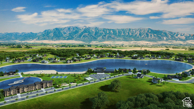 Aerial view with a water and mountain view