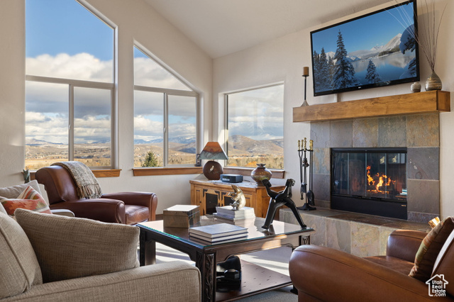 Living room featuring a mountain view and a fireplace