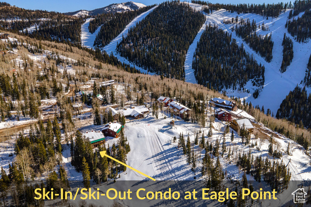 Snowy aerial view featuring a mountain view