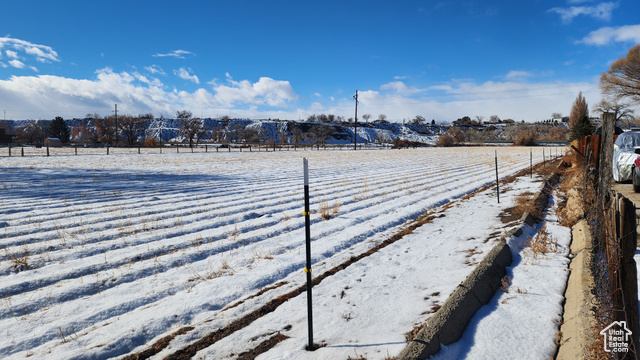 Yard covered in snow featuring a rural view