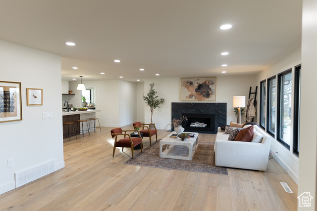 Living room featuring sink, a high end fireplace, and light hardwood / wood-style floors