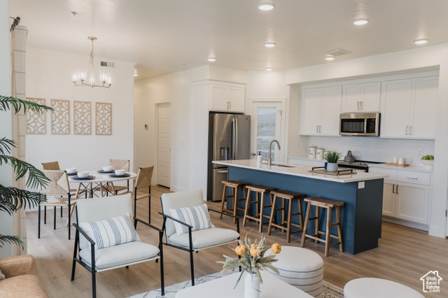 Pics are of model home.Kitchen with white cabinets, sink, an island with sink, appliances with stainless steel finishes, and a chandelier