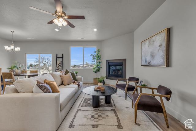 Living room with ceiling fan with notable chandelier and light wood-type flooring