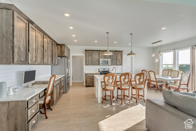 Kitchen with decorative light fixtures, decorative backsplash, an island with sink, and appliances with stainless steel finishes