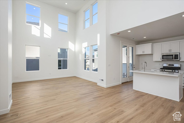 Unfurnished living room with a towering ceiling, light hardwood / wood-style floors, a wealth of natural light, and sink