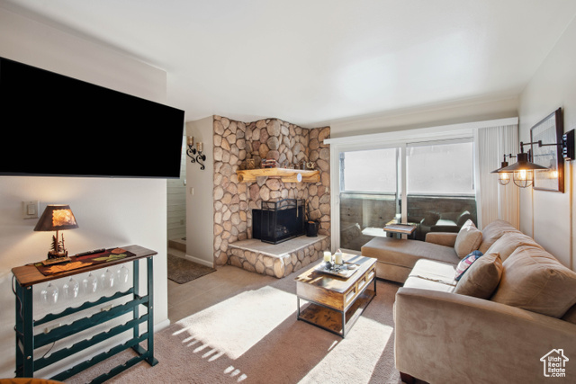 Living room featuring a fireplace