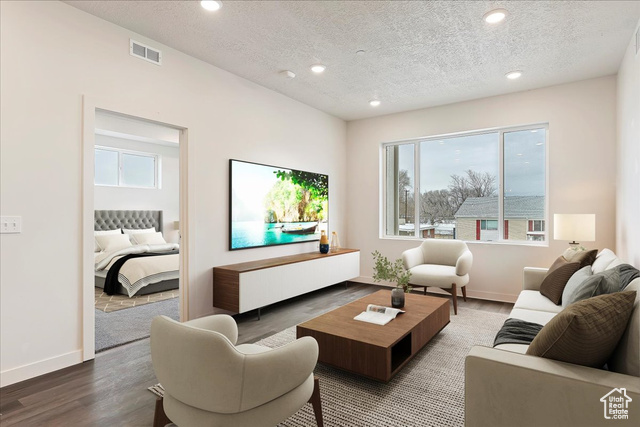 Living room featuring wood-type flooring and a textured ceiling