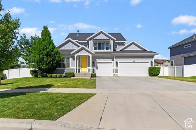 12140 S GALENA GROVE WAY W Draper, Utah Well-maintained two-story home in a quiet Draper neighborhood with a desirable main-level primary suite featuring double vanities, separate tub and shower, and a large walk-in closet with a window. The kitchen offers a granite island, walk-in pantry, and gas range, and opens to a two-story great room with a fireplace, built-in cabinet, and included TV with pass-through wiring. A main-level den with French doors is perfect for a home office. Upstairs has three spacious bedrooms and a full bathroom with double sinks. The unfinished basement includes canned lights, outlets, and is roughed in for a bathroom. The fully fenced backyard includes a large paver patio and a gazebo wired with outlets.
